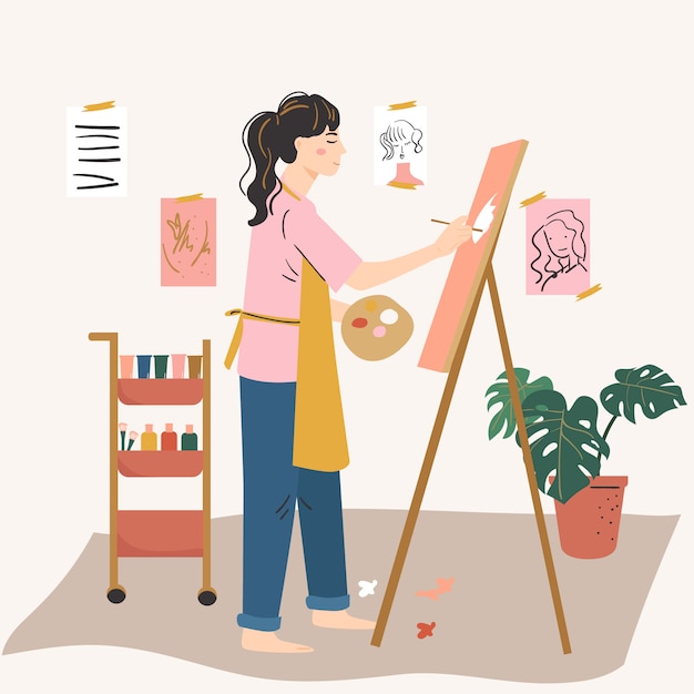 woman artist painting on easel. woman hobby, activity, profession. creativity at home concept.
