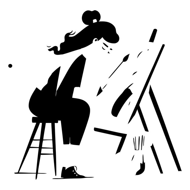 Vector woman artist painting a picture on easel flat vector illustration