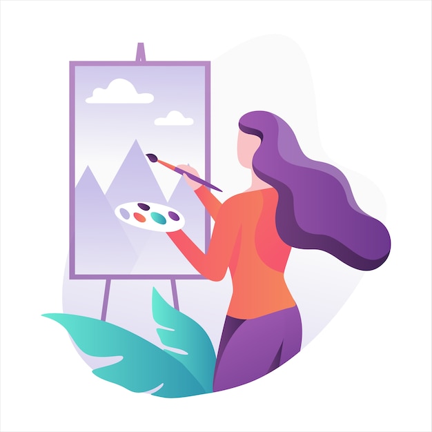 Woman artist standing at the easel and painting