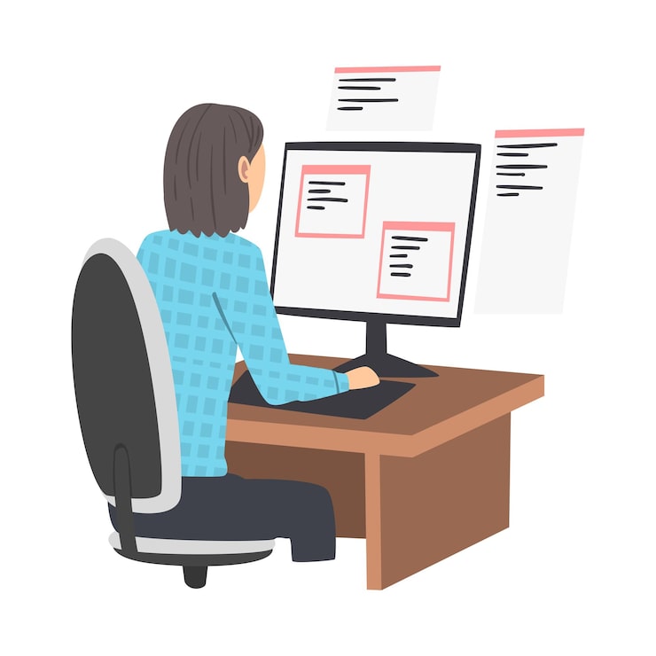 Vector woman as software developer or programmer engaged in coding in serverside framework on computer vector illustration