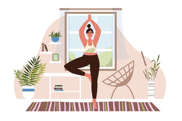 Woman asana vector home. girl stretching at home.