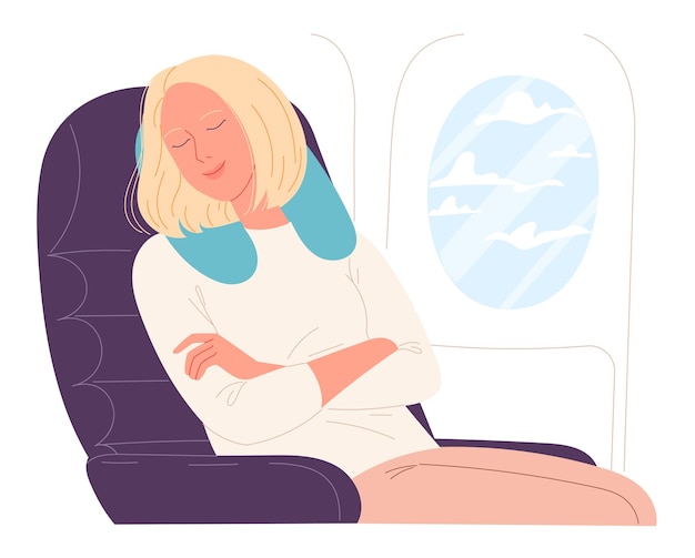 航空機の飛行で眠っている女性ベクトルイラスト