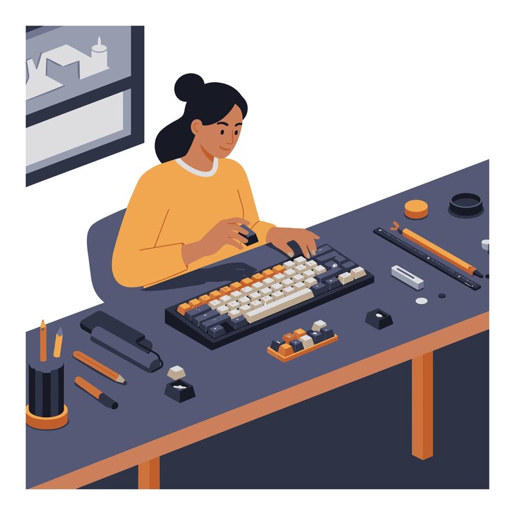 Vector woman assembling mechanical keyboard parts with tools on desk in vector illustration