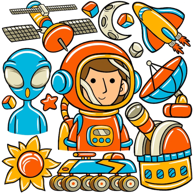 L'illustrazione vettoriale della donna astronauta kawaii doodle