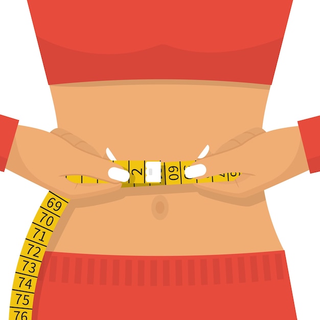 Woman of athletic build measures centimeter of waist Health body Good results of correct way of life diet and sport Vector illustration flat design Isolated on white background Beautiful female