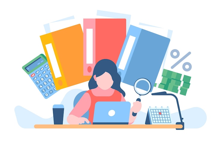 Vector woman audits company documents with review of financial statements worker studies business papers with magnifier corporate finance data auditing employees paperwork vector concept