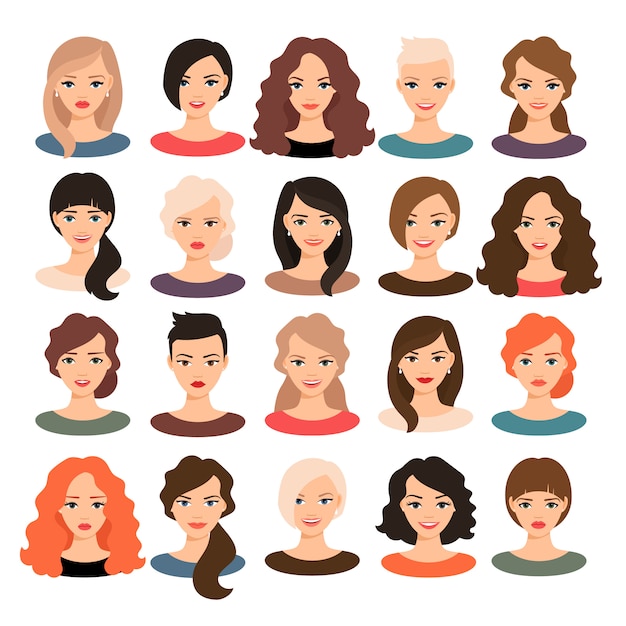 Woman avatar set vector illustration. Beautiful young girls portrait with different hair style isolated