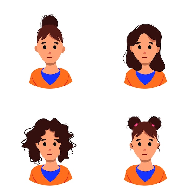 さまざまな髪型で設定された女性アバター。フラットスタイルのベクトル漫画イラスト