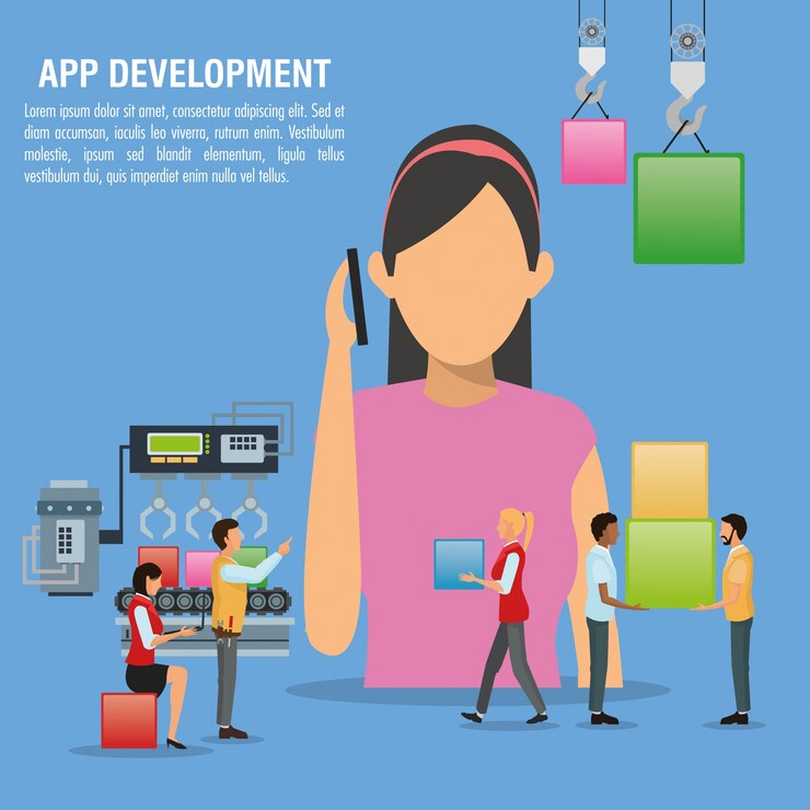Vector woman avatars cubes and smartphone icon