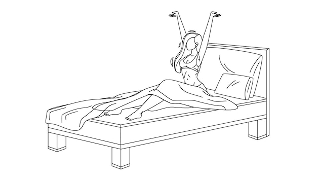 Женщина просыпается утром в удобной кровати Черная линия карандашного рисунка вектора. Молодая девушка просыпается от здорового сна зевает чувствовать себя удовлетворенным после ночных снов в комнате дома. Персонаж Спальня Иллюстрация