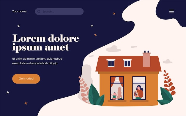 Donna e bambino nelle finestre degli appartamenti vicini. pianta, giocattolo, casa piatta illustrazione vettoriale. sistemazione e concetto di quartiere per banner, design di siti web o pagine web di destinazione