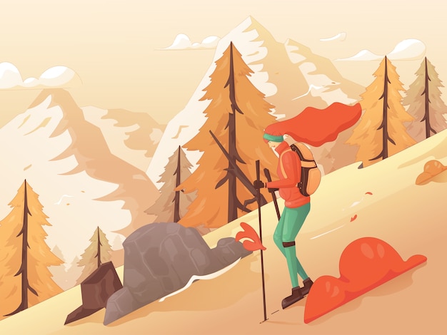 Woman Backpacker Enjoy View Autumn vector flat Illustration