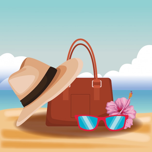 Woman bag and hat with sunglasses 