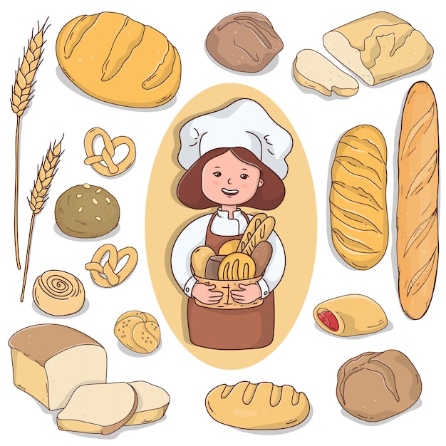 Woman baker with different types of bread and homemade baked products