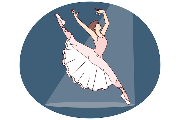 woman ballerina jumping performs dance on stage of ballet theater performing with crown number