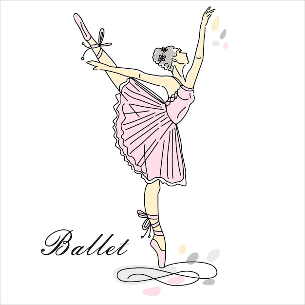 Woman ballet dancer of continuous line drawing in pink color dance trend logotype oneline style