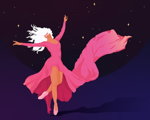 星空の下で赤いドレスを着て踊る女性のバレエ