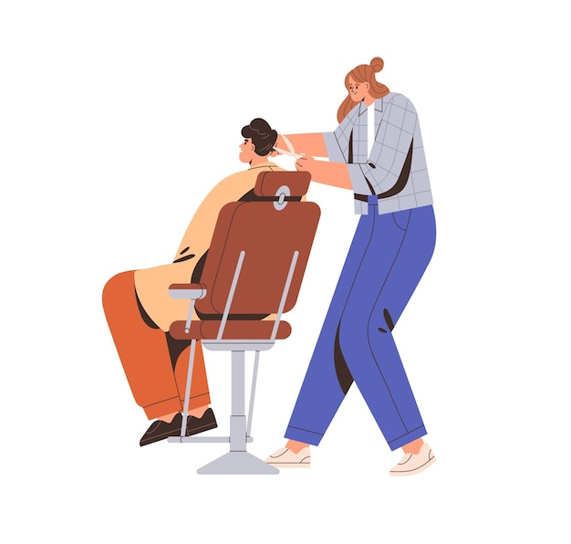 Vector woman barber cutting hair for man customer sitting in barbershop chair. modern hairdresser girl working with client, doing haircut, grooming. flat vector illustration isolated on white background.