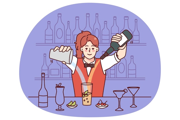 Vector woman barmen making cocktails at bar