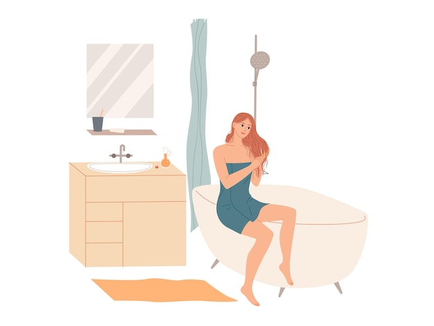 Vector woman in bath towel applies hair conditioner in bathroom after shower at home. hair care.