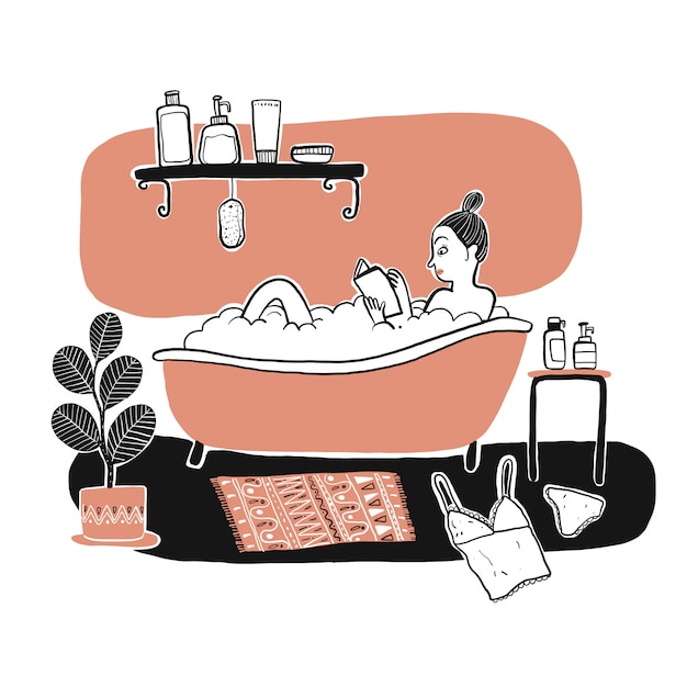 Vector woman bathing in a bathtub.