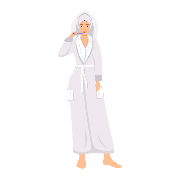 Woman in bathrobe brushing teeth flat color faceless character. Girl morning procedure isolated cartoon illustration for web graphic design and animation. Daily hygiene routine