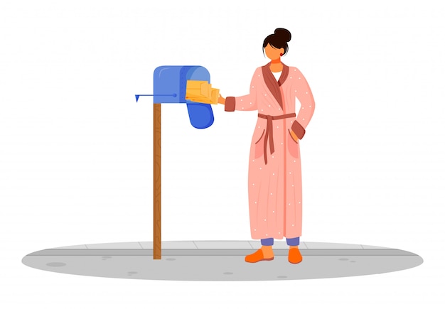 목욕 가운에 여자 게시물 플랫 컬러 일러스트를받습니다. 사서함에서 소포를 가져옵니다. 배달 서비스. 흰색 배경에 개인 우편함 격리 된 만화 캐릭터에서 lettters를 복용