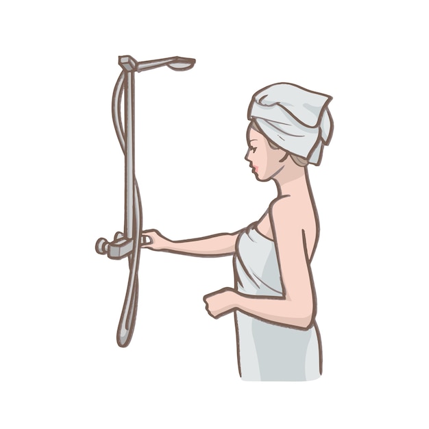 Vettore donna in accappatoio che fa la doccia aprendo il rubinetto dell'acqua