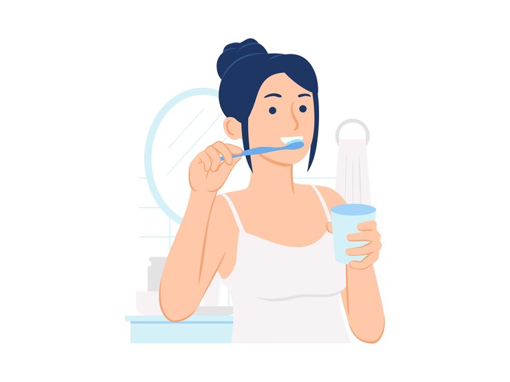 Vector woman in the bathroom brushing teeth and holding a glass of water concept illustration