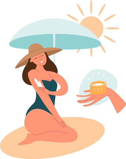 Vettore una donna in spiaggia si applica la protezione solare sulla pelle sotto un'ombra solare concetto di protezione solare abbronzatura sana