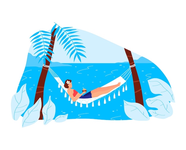 Женщина в пляжном гамаке девушка на летних каникулах векторная иллюстрация Мультфильм человек отдыхает на тропической природе возле пальмы