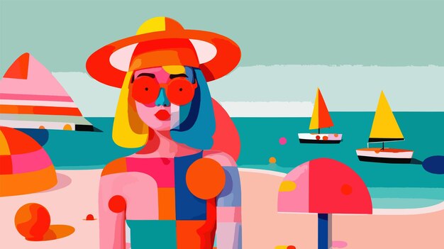 Woman on a Beach With Boats in the Background vector illustration