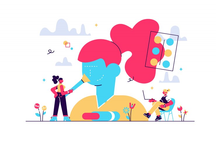 Vector woman in beautician parlor. female character testing skin care product in beauty salon. makeup courses, make up school, cosmetics masterclass concept. isolated concept creative illustration