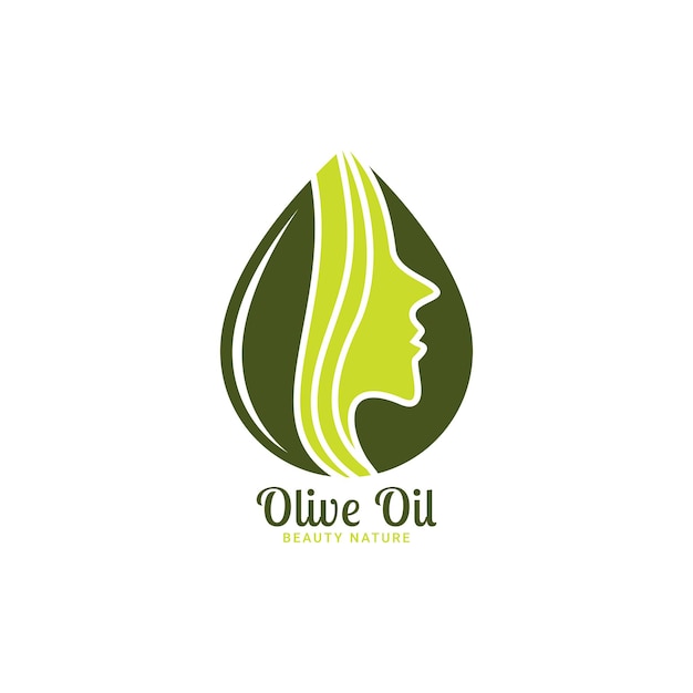 Disegno del logo dell'olio di bellezza della donna con il modello di progettazione del viso e dell'olio d'oliva della donna.