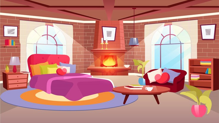 Vector woman bedroom interior   illustration. cartoon sofa, bed with cute heart-shaped pillow. sunlit apartment with modern furniture. wooden coffee table, bookcase. brick wall fireplace with flame