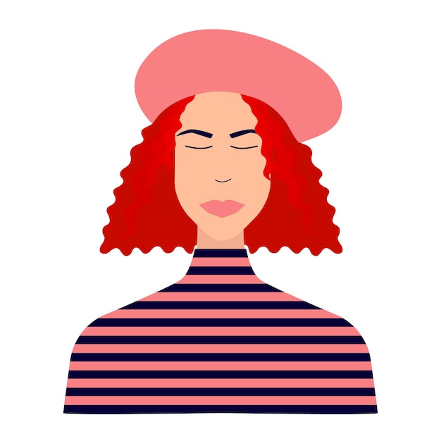 Vector woman in beret with red hair and vest striped fashion flat style vector illustration