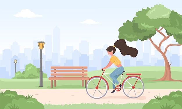 Woman on bicycle rides around the city Spring landscape Summer background