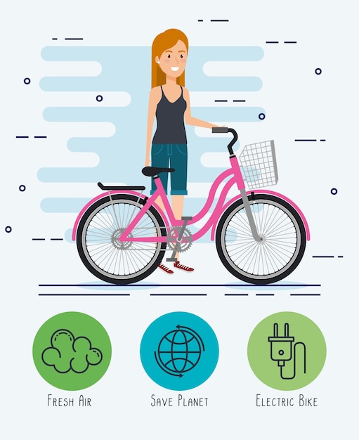 woman in bicycle with eco friendly icons
