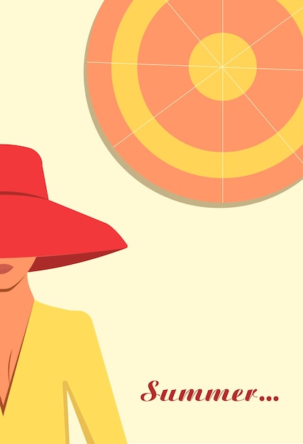 Vector woman in big hat with beach umbrella on yellow beach sand and title summer