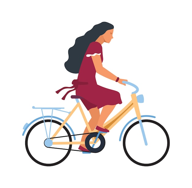 Vector woman on bike cartoon female character riding on bicycle profile view of young cute cyclist girl traveling around city on cycle and biking in park vector summer outdoor activity