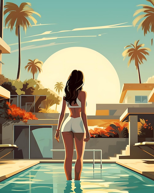 Vector woman in bikini standing near poolside in the backyard