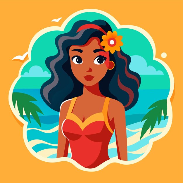 Vector woman in bikini summer girl on vacation beach swimsuit holiday hand drawn flat stylish cartoon