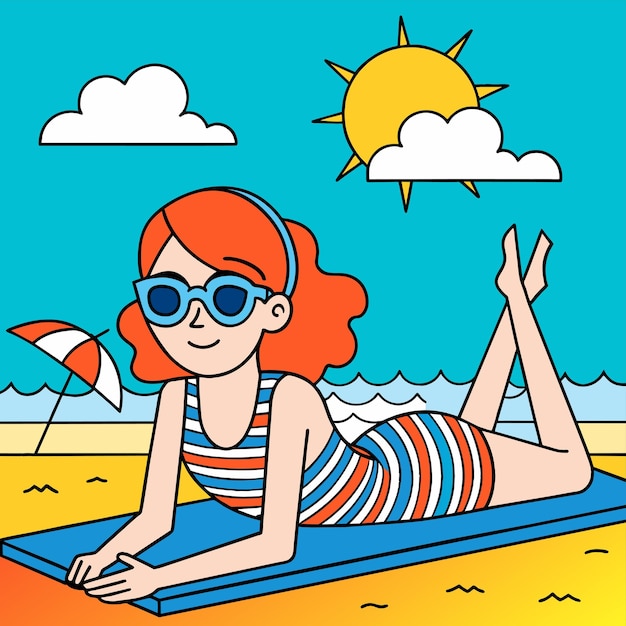 Vector woman in bikini summer girl on vacation beach swimsuit holiday hand drawn flat stylish cartoon
