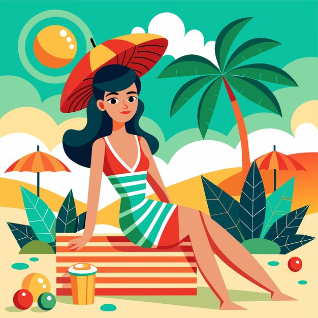 Vettore donna in bikini ragazza estiva in vacanza su spiaggia costume da bagno vacanza disegnato a mano flat cartoon elegante