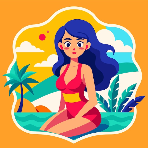 Vector woman in bikini summer girl on vacation beach swimsuit holiday hand drawn flat stylish cartoon