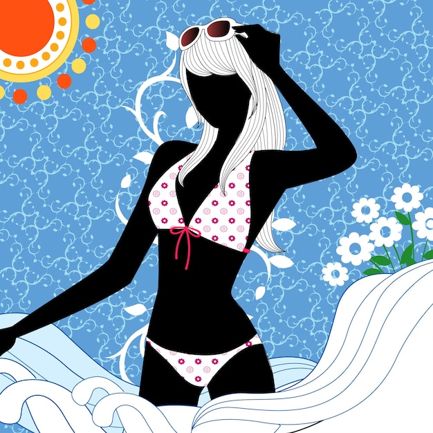 A woman in a bikini with a sun on her head