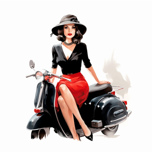 Vector woman in a black dress and hat sitting on a motorcycle watercolor paint