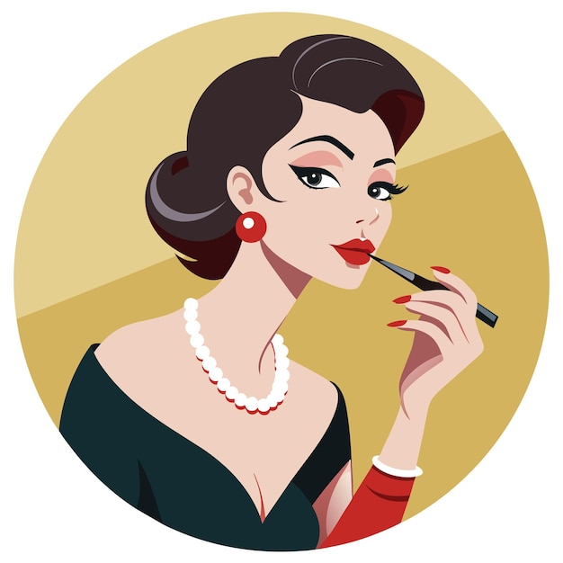 Vector a woman in a black dress is applying lipstick