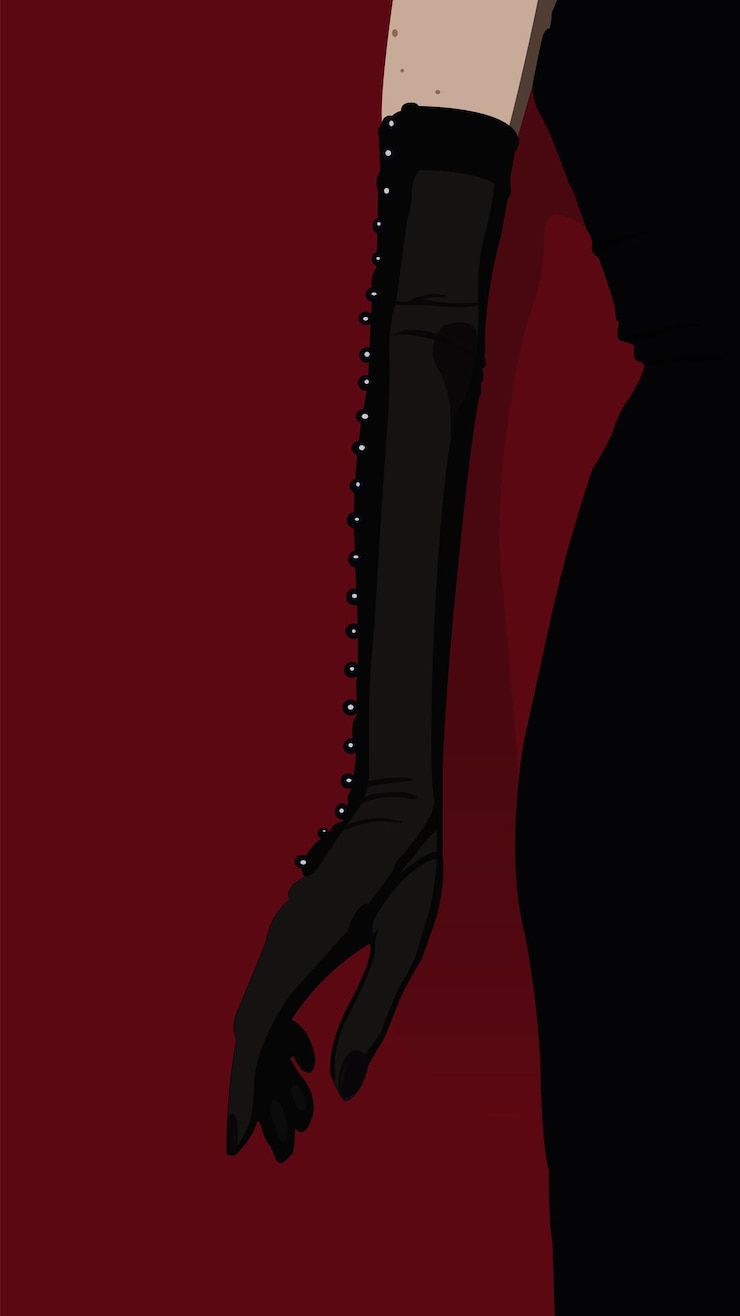 Vector woman in black dress and long lace gloves