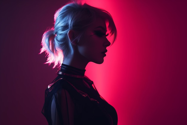 A woman in a black dress with neon lights behind her